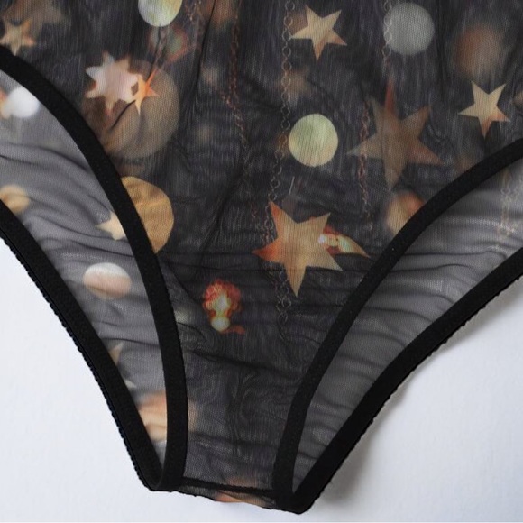 NWT Black Moon Star Chain Pattern Lace Up Mesh Strappy Rave Lingerie Bodysuit - Picture 11 of 11